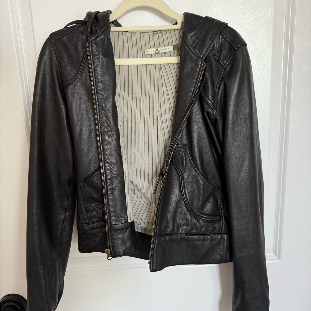 Mike & Chris Black Leather Hooded Jacket
